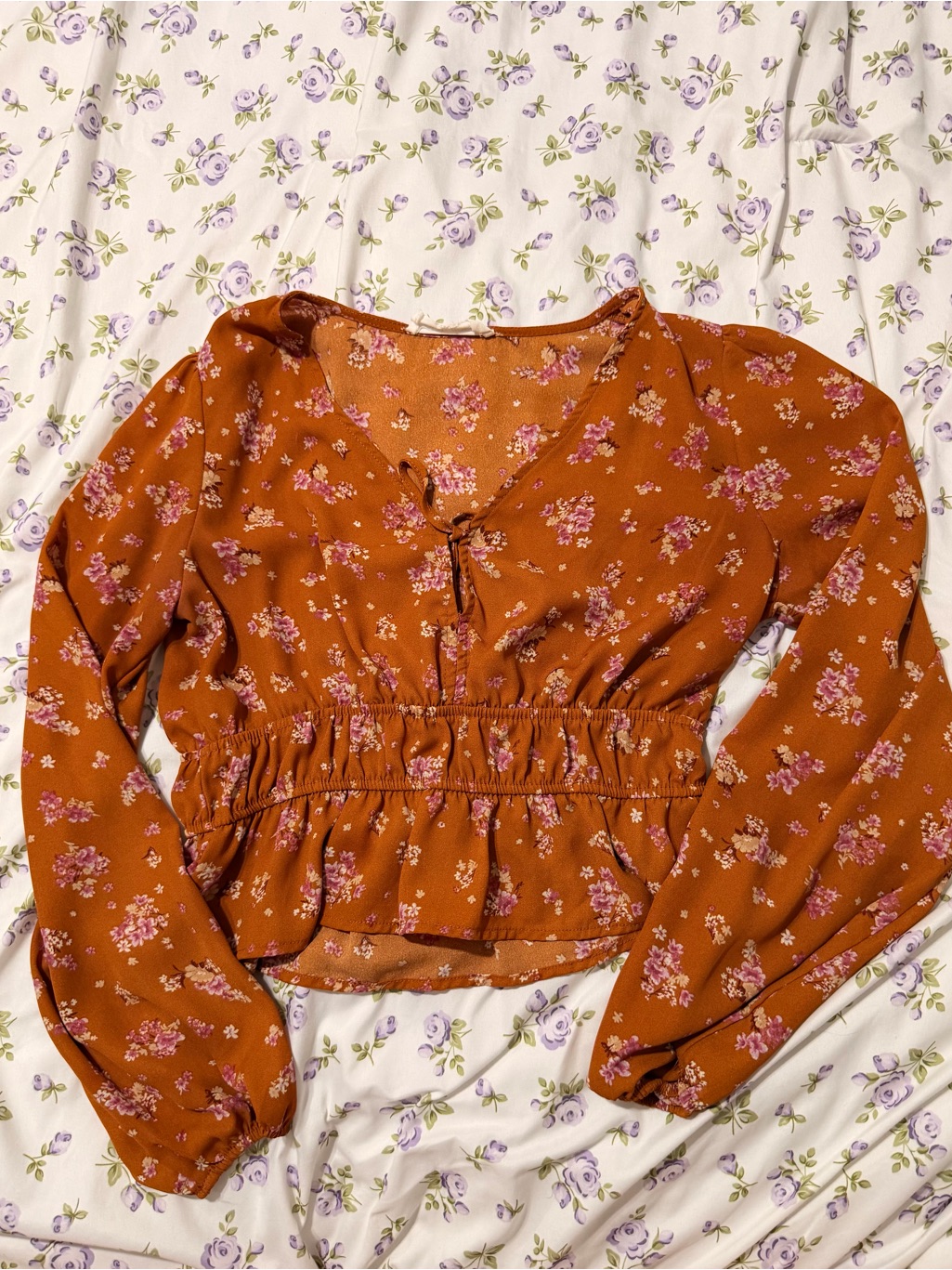 Rust Floral Smocked Peplum Blouse